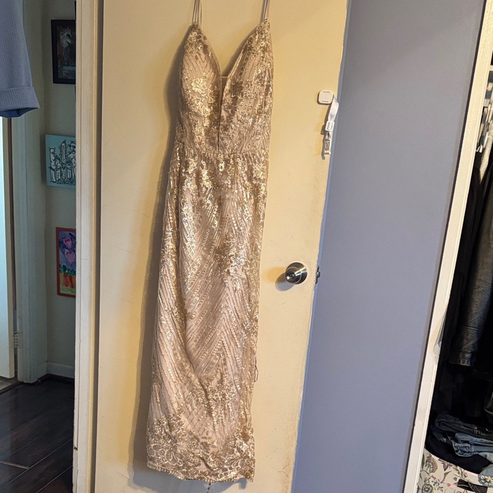 Elegant Sequin Champagne/Gold Dress - Women's Evening Gown